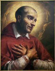 Saint Charles Borromee (1538-1584). (San Carlo Borromeo) Fragmentti nimettömästä Napolin maalauksesta (Italia), öljy kankaalle 1600-luvulta. Kuvataidemuseo Angersissa. tekijältä Italian School