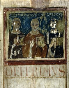 Saint Jerome, Saint Augustine (354-430) ja Saint Gregoire I Suuri (540-604), Yksityiskohta Boecen diptyykistä, n. 487 (pienikokoinen norsunluu) tekijältä Italian School