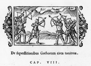 Skandinaavit käyttävät nuolia ukkosen torjumiseen, Olaus Magnuksen (1490-1557) Historia de Gentibus Septentrionalibusista, julkaistu Roomassa, 1555 tekijältä Italian School
