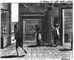Carlo Goldonin (1707-1793) sarjakuvan ”” La bottega del caffe” (Kahvila) (1750) II näytöksen kohtaus 23: pelipöydät. Kaiverrus 1700-luvulta tekijältä Italian School