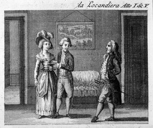 Carlo Goldonin (1707-1793) teoksen "La locandiera" (1753) I näytöksen 5 kohtaus. Kaiverrus 1700-luvulta tekijältä Italian School