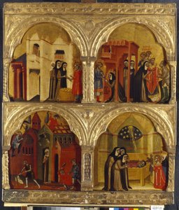 Kohtaus Saint Juliennen elämästä. Venetsialaisen mestarin maalaus, tempera puulle, 1300-luvun toinen puoli. Italialaista taidetta, keskiaikaa, goottilaista taidetta. Valtion Eremitaaši, Pietari. tekijältä Italian School