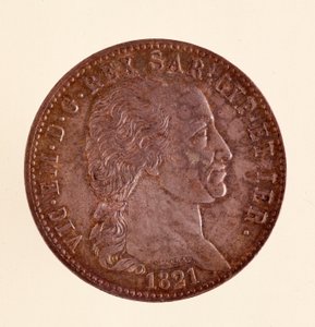 Italian hopeakolikko (ecu) Sardinian kuningaskunnasta: Vittorio Emanuele I:n (Victor Emmanuel I) hallituskausi (1759-1824). 1821. Halk. 3,8 cm Napoli, museo archeologico tekijältä Italian School