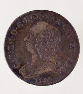 Italialainen hopeakolikko (puoli ecua) Sardinian kuningaskunnasta: Savoylaisen Carlo Emmanuel III:n hallituskausi (1701-1773). 1756. Halkaisija. 3,7 cm Napoli, arkeologinen museo tekijältä Italian School