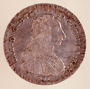 Hopeinen Piastra Napolista: Kaarle III:n hallituskausi (1716-1788) ja muotokuva. 1750. Halkaisija. 4 cm Napoli, arkeologinen museo tekijältä Italian School