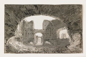 Luonnos Caracallan kylpylöistä, 1800-luvun alku (kynä ja ruskea muste, harmaa pesu mustan liidun päällä) tekijältä Italian School