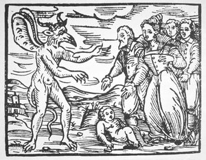 Noidat esittelevät lasta paholaiselle, Fr M Guacciuksen (1608) Compendium Maleticarumista, joka on kuvattu 1800-luvun lopulla julkaistussa taikuuden historiassa tekijältä Italian School