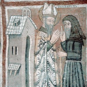 Pyhä Gregorius Suuri (540-604) munkin kanssa (fresko) tekijältä Italian School