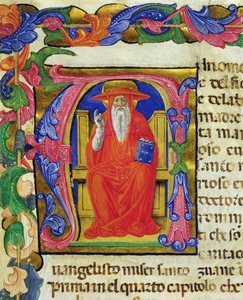 St. Jerome, St. Jeroman maallikkokillan Mariegolasta, n. 1400 (mustetta ja kultalehtiä perunakalvolla) tekijältä Italian School