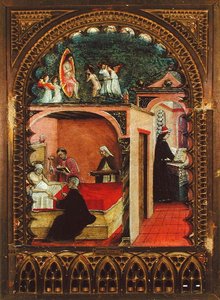 Pyhä Hieronymus sellissään ja Pyhän Hieromuksen unelma, n. 1450 (öljy paneelissa) tekijältä Italian School
