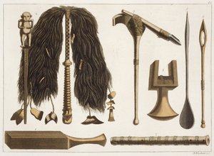 Tahitilaiset työkalut ja seremonialliset instrumentit, kuvitus 1800-luvun alun matkakirjojen kokoelmasta tekijältä Italian School