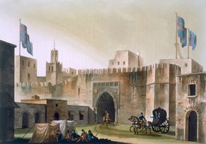 Beb Kar, portti Tunisiin, eurooppalaiset hevosten vetämässä keikassa, noin 1820-30-luvut tekijältä Italian School