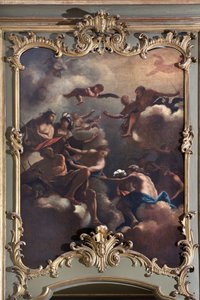 Jumalten neuvosto: Zeus Olympuksella ympäröi jumalia. Italian koulukunnan maalaus (1700-luku) tekijältä Italian School