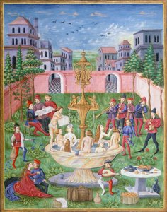Elämän lähde: laulajia ja muusikoita puutarhassa, miniatyyri De Sphaerasta, Leonardo Dati tekijältä Italian School