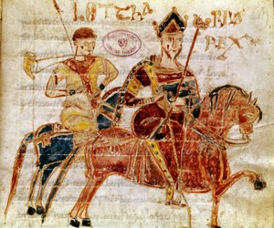 Frankien kuningas ja sitten Lotharia I (9. vuosisata) Miniatyyri Codex Legum Longobardorumista (tai Langobardorumista), joka kuvaa kuningas Rotharin perustaman Lombard-valtakunnan lakeja tekijältä Italian School