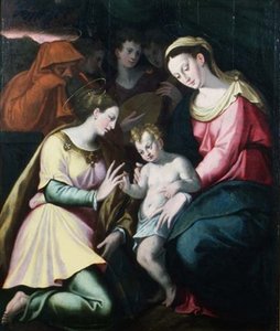 Pyhän Katariinan mystinen avioliitto, n.1600 (paneeli). tekijältä Italian School