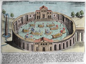 Neronin Naumachia, esitys meritaistelusta Roomassa. Kaiverrus (1600-luku). tekijältä Italian School