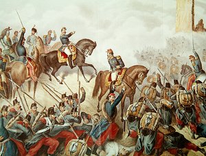 Piemontilaiset ja ranskalaiset San Martinon taistelussa vuonna 1859 (värikaiverrus) tekijältä Italian School
