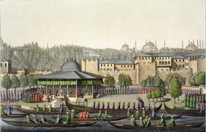 Amiraalin esitys sulttaanille, levy 14 osasta III, Kansojen historian osa I, kaivertanut Giacomo Bussi, n. 1820 (akvatinta) tekijältä Italian School