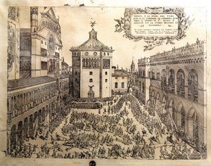 Härkäjuhla Cremonen suurella aukiolla (Cremona) Italiassa. Kaiverrus 1500-luvun Cremonasta, Museo Civico Italiasta tekijältä Italian School