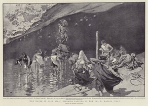 "Pitkän elämän vesi", pyhiinvaeltajat uimassa Val di Maggiossa, Italia (litografia) tekijältä Italian School