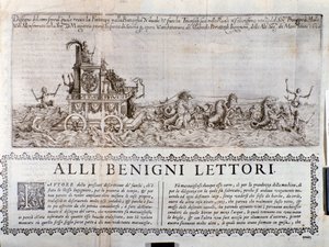Allegoriset vaunut. Chronicles, joka kuvaa Gonzagan prinssin Mantovassa järjestämiä juhlia tekijältä Italian School