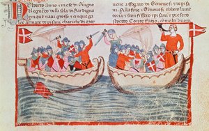 Melorian taistelu, pienoiskuva Giovanni Villanin uusista kronikoista, Italia 1300-luku. tekijältä Italian School