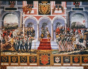 Cateau-Cambresiksen rauhan jälkeiset juhlallisuudet, jotka merkitsivät Ranskan ja Espanjan välisen 65 vuotta kestäneen taistelun päättymistä Italian hallinnasta. tekijältä Italian School