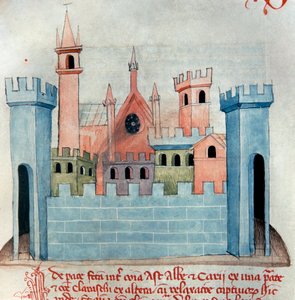 Cherascon kaupunki (Querasque) Conin maakunnassa Piemontissa Italiassa. Keskiaikaisen kaupungin kirkko ja muuri ja linnoitustorni. Codex Astensiksen tai Malabaylan sivu. 1200-luvun miniatyyri. Asti, Archivio Storico Comunale tekijältä Italian School