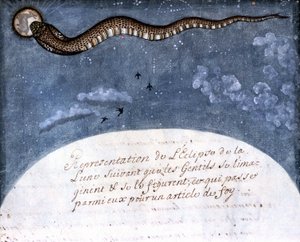 Mogoli-intiaanien kuvittelema kuunpimennys (käärme, joka syö kuun) Sivu otettu Stefano Nivibus Cardeiran käsikirjoituksesta (ms.8300) "Mogolin historia" (Moghul tai Moghol). 1700-luvulla. Bibloteca marciana, Venetsia tekijältä Italian School
