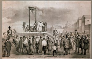 Felice Orsinin (1819 - 1858) ja Pierin teloitus 13.3.1858, jotka suorittivat 14. tammikuuta 1858 hyökkäyksen Napoleon III:ta vastaan Place de la Roquette -aukiolla Pariisin litografiassa 1800-luvun lopulla. Milanon Museo del Risorgimento tekijältä Italian School