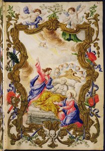 Kristityn hyvä kuolema Buona Morten maallikkokillan Mariegolasta, n. 1712–1714 (muste vellum) tekijältä Italian School