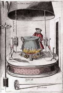 Keittiö kellon alla. Kaiverrus ”Ooppera”, gastronomiaa käsittelevä kirja, joka on jaettu 6 osaan, Bartolomeo Scappi, paavi Pius V. Venetsian henkilökohtainen kokki tekijältä Italian School