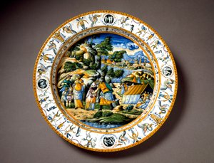 Urbinossa valmistetun Aaronin ja Moisen keraamisen levyn tapaaminen Fontanan työpajassa, Italiassa. 1550 Firenzen ympärillä, Museo Nazionale del Bargello - Aaronin ja Mooseksen tapaaminen, keraaminen levy Fontana-pajasta, Urbino, Italia. Noin 1550. Nationa tekijältä Italian School