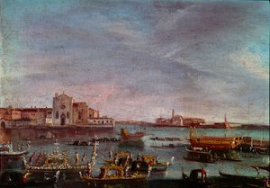 Regatta Grand Canalilla Venetsiassa Anonyymi maalaus 1700-luvun auringosta. 36x54 cm Venetsia, Museo Correr tekijältä Italian School