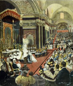 Kuningas Victor Emmanuel III (Victor-Emmanuel) (Vittorio Emanuele) uskonnollinen avioliitto Montenegron prinsessa Helenen kanssa Santa Maria degli Angelin kirkossa Roomassa vuonna 1896. tekijältä Italian School
