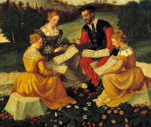 Laulukonsertti Painting of the Italian School. 16. vuosisata. Bourges, Hotel Lallemant - Bukolinen konsertti. Italian koulun maalaus. 16. vuosisata. Hotel Lallemant, Bourges, Ranska tekijältä Italian School