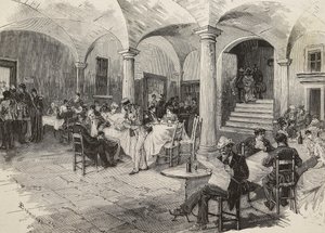 Kolmannen luokan matkustajat ja ensimmäisen luokan karanteenimatkustajat, matkatavaroiden desinfiointi, Quarcinon linna, Sveitsin rajalla, koleraepidemia, Italia, Mancastropan kaiverrus Bonamoren piirustuksesta, L