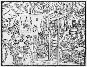 Kauppa Skandinaviassa, kuvitus Olaus Magnuksen (1490-1558) teoksesta Northern Nations History, julkaistu Roomassa, 1555 tekijältä Italian School