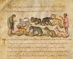 Tutkielma monista maan päällä elävistä eläinlajeista, kuvitus Oppianin Cynegeticasta (tempera vellum) tekijältä Italian School
