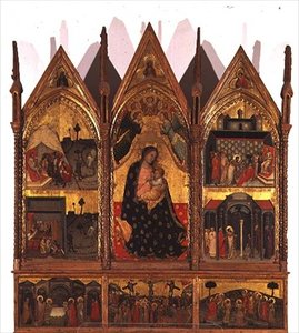 Triptyykki: Madonna ja lapsi istuu valtaistuimella, joita reunustavat kohtaukset St. Bartholomew