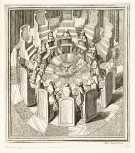 Kaksitoista Rotan tuomaria rukoilemassa pyöreässä salissa, joka ympäröi Pyhää Henkeä, pub. 1717 (kaiverrus) tekijältä Italian School