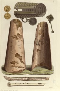 Erilaisia viikinkiesineet: pronssinen rannekoru, kultainen mitali riimukirjaimilla, kilvet, huilut. V. Rainerin kuvitus teoksesta "Le costume ancien ou moderne" J. Ferrario, Milano, n. 1820 (värillinen lito) tekijältä Italian School