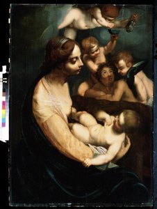 ""Madonna ja lapsi ja enkelit"" (Neitsyt ja lapsi enkelien kanssa) italialaista maalausta 1600-luvun alusta. Mihail Kroshitskyn taidemuseo, Sevastopol (Sevastopol) Ukraina tekijältä Italian School