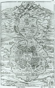 Näkymä atsteekkien Tenochtitlanin kaupungin pohjoispuolelta, Giovanni Battista Ramusio (1485-1557) Venetsiassa 1606 julkaistusta Relatione della Citta del Temistitanista tekijältä Italian School