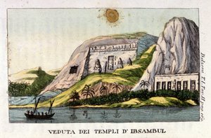 Näkymä Abu Simbelin temppelistä. Kirjailija Giovanni Battista (Gianbattista) Belzoni (1778-1823), italialainen tutkimusmatkailija ja arkeologi, on tehnyt tärkeitä arkeologisia löytöjä Egyptissä. Kaiverrus - "" Viaggio in Egitto e in Nubia"" Belzoni, Milano tekijältä Italian School