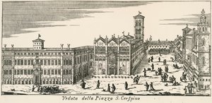 Näkymä Piazza San Crispinolle ja Ferraran katedraalille, kaiverrus, Italia tekijältä Italian School