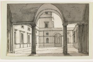 Näkymä italialaiselle pylväikkölle ja sisäpihalle, 1800-luvun alku (kynä ja ruskea muste ja harmaa pesu mustalla liidulla) tekijältä Italian School