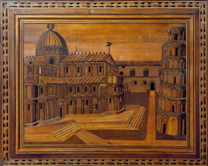 Näkymä Pisan katedraalille (Duomo di Santa Maria Assunta di Pisa) ja kaltevalle tornille (Torre-riipus) Ihmeaukiolla (Piazza dei Miracoli) 1400-luvun marquetry. Säilytetty Pisan katedraalin presbyteriassa tekijältä Italian School