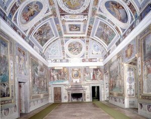 Näkymä "Sala dei Fasti Farneselle" (Farnesen loistosali), jonka on suunnitellut Onofrio Panvinio ja maalannut Taddeo (1529-66) ja Federico Zuccaro (1540-1609) 1557-83 (fresko) tekijältä Italian School